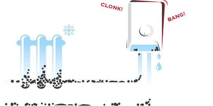 Cold blue radiator and a leaking, noisy boiler showing when a power flush is required due to sludge in the boiler and heating system.